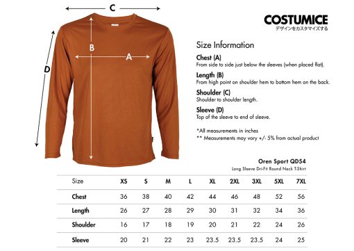 Oren Sport Qd54 Long Sleeve Dri-Fit Round Neck T-Shirt 2024 Size Information X Costumice Design