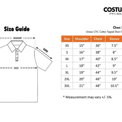 Costumice Design X Oren Sport Hc25 Unisex Cvc Cotton Tipped Short Sleeve Polo Shirt Size Information