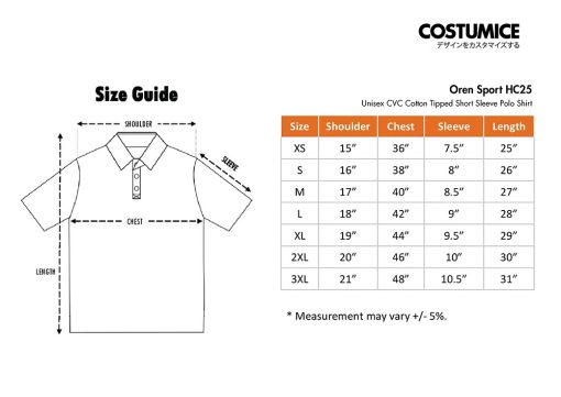 Costumice Design X Oren Sport Hc25 Unisex Cvc Cotton Tipped Short Sleeve Polo Shirt Size Information