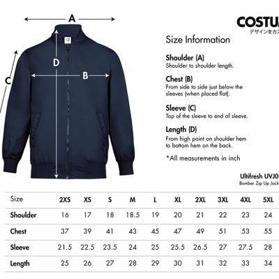 Costumice Design X Ultifresh Bomber Zip Up Jacket Size Information