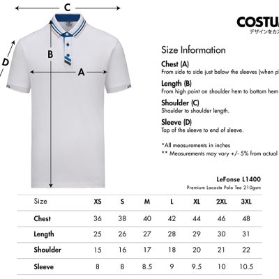 Lefonse L1400 Premium Lacoste Polo Tee 210Gsm 2025 Size Information X Costumice Design