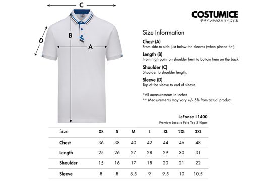 Lefonse L1400 Premium Lacoste Polo Tee 210Gsm 2025 Size Information X Costumice Design