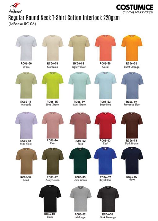 Lefonse Rc06 Regular Round Neck T-Shirt Cotton Interlock 220Gsm 2024 Color Options X Costumice Design