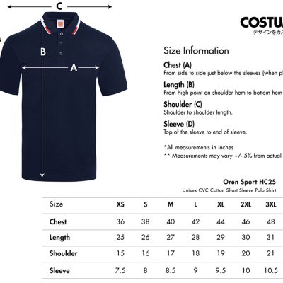 Oren Sport Hc25 Unisex Cvc Cotton Short Sleeve Polo Shirt 2025 Size Information X Costumice Design
