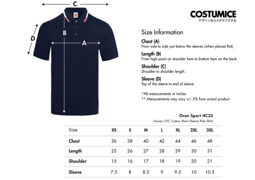Oren Sport Hc25 Unisex Cvc Cotton Short Sleeve Polo Shirt 2025 Size Information X Costumice Design