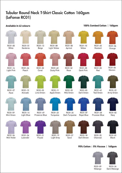 Tubular Round Neck T Shirt Classic Cotton 160Gsm Lefonse Rc01 Color Option Lr