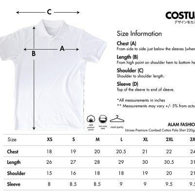Alam Fashion Unisex Premium Combed Cotton Polo Shirt 220Gsm 2025 Size Info X Costumice Design