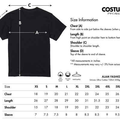 Alam-Fashion-Unisex-Ultra-Cotton-T-Shirt-200Gsm-2025-Size-Information-X-Costumice-Design