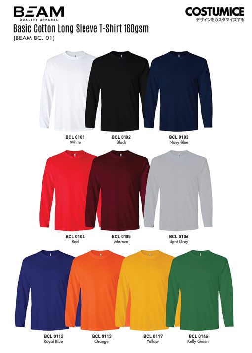 Beam Bcl01 Basic Cotton Long Sleeve T Shirt 160Gsm 2024 Color Options X Costumice Design Lr