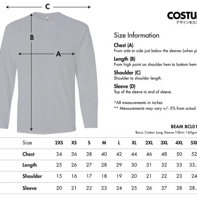 Beam Bcl01 Basic Cotton Long Sleeve T Shirt 160Gsm 2024 Size Information X Costumice Design Lr