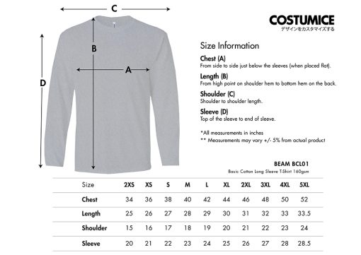 Beam Bcl01 Basic Cotton Long Sleeve T Shirt 160Gsm 2024 Size Information X Costumice Design Lr