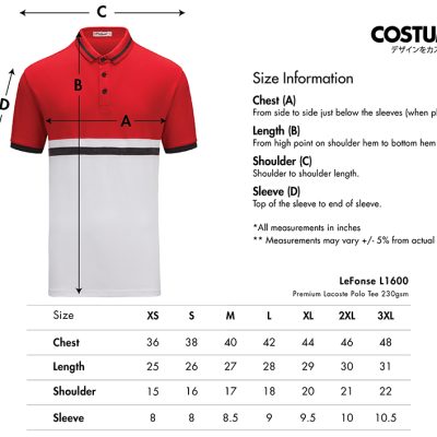 Premium Lacoste Polo Tee 230Gsm (Lefonse L1600) 9 Lefonse L1600 Premium Lacoste Polo Tee 230Gsm 2025 Size Information X Costumice Design
