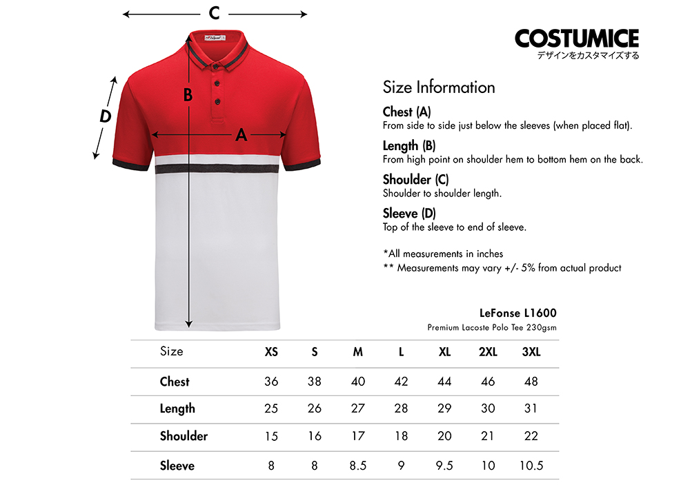 Premium Lacoste Polo Tee 230Gsm (Lefonse L1600) 6 Lefonse L1600 Premium Lacoste Polo Tee 230Gsm 2025 Size Information X Costumice Design