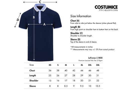 Lefonse L1800 Premium Lacoste Polo Tee 210Gsm 2025 Size Information X Costumice Design