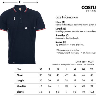 Oren Sport Hc24 Unisex Cvc Honeycomb Tipped Collar &Amp; Cuff Polo Shirt 2025 Size Information X Costumice Design