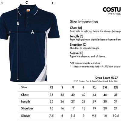 Oren Sport Hc27 Cvc Cotton Cut &Amp; Sew Colour Block Polo Shirt 2025 Size Information X Costumice Design