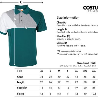 Oren Sport Hc28 Cvc Cotton Cut &Amp; Sew Colour Block Polo Shirt 2025 Size Information X Costumice Design