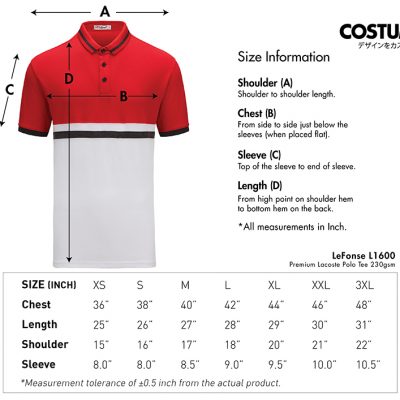 Premium Lacoste Polo Tee 230Gsm Costumice Design Lacoste L1600 Size Information