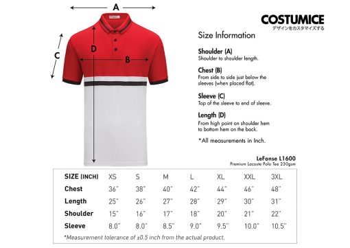 Premium Lacoste Polo Tee 230Gsm Costumice Design Lacoste L1600 Size Information