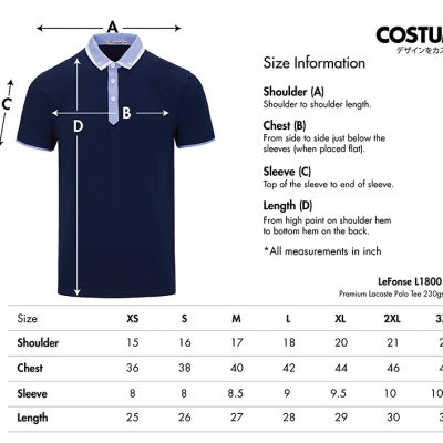 Custom Polo Tees Costumice Design Lefonse L1800 Size Information