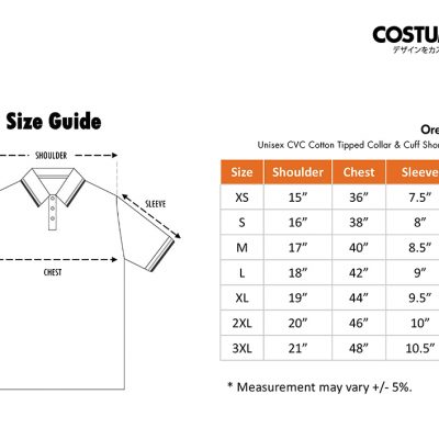 Unisex Cvc Cotton Tipped Collar &Amp; Cuff Short Sleeve Polo Costumice Design X Oren Sport Hc24 Size Information