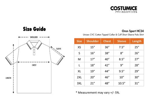 Unisex Cvc Cotton Tipped Collar &Amp; Cuff Short Sleeve Polo Costumice Design X Oren Sport Hc24 Size Information