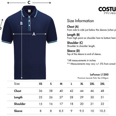 Lefonse L1200 Premium Lacoste Polo Tee 230Gsm 2025 Size Information X Costumice Design