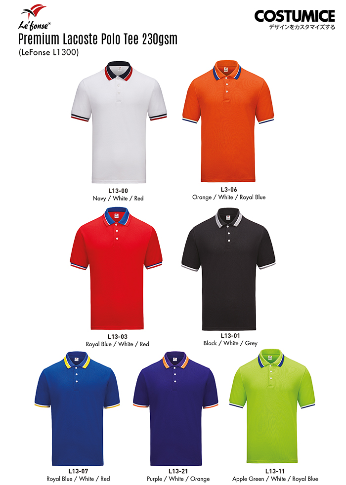 Premium Lacoste Polo Tee 230gsm (LeFonse L1300) 5 LeFonse L1300 Premium Lacoste Polo Tee 230gsm 2025 Color Options X Costumice Design