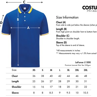 Premium Lacoste Polo Tee 230gsm (LeFonse L1300) 9 LeFonse L1300 Premium Lacoste Polo Tee 230gsm 2025 Size Information X Costumice Design
