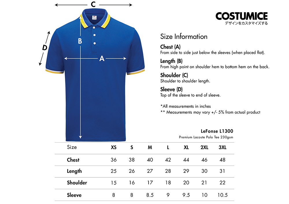 Premium Lacoste Polo Tee 230gsm (LeFonse L1300) 6 LeFonse L1300 Premium Lacoste Polo Tee 230gsm 2025 Size Information X Costumice Design