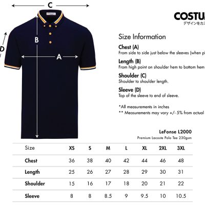 Lefonse L2000 Premium Lacoste Polo Tee 230Gsm 2025 Size Information X Costumice Design