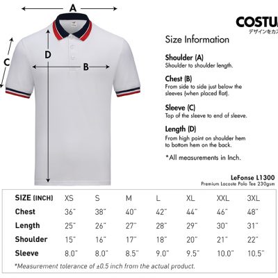 Premium Lacoste Polo Tee 230Gsm Costumice Design X Lefonse L1200 Size Information