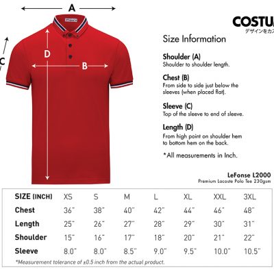 Premium Lacoste Polo Tee 230Gsm Costumice Design X Lefonse L2000 Size Information