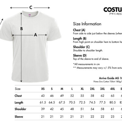Arrive Guide Ag180 Prime Siro Cotton T-Shirt 180Gsm 2026 Size Information X Costumice Design
