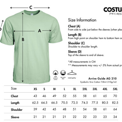 Arrive Guide Ag210 Symbolic Siro Cotton T-Shirt 210Gsm 2026 Size Information X Costumice Design