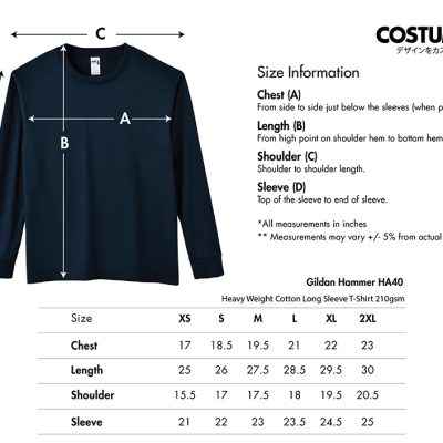Gildan Hammer Ha40 Heavy Weight Cotton Long Sleeve T-Shirt 210Gsm 2024 Size Information X Costumice Design