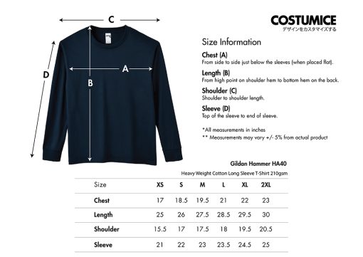 Gildan Hammer Ha40 Heavy Weight Cotton Long Sleeve T-Shirt 210Gsm 2024 Size Information X Costumice Design