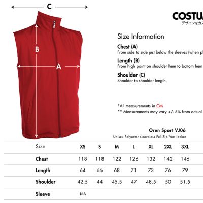 Oren Sport Vj06 Unisex Polyester Full-Zip Sleeveless Vest Jacket 2024 Size Information X Costumice Design
