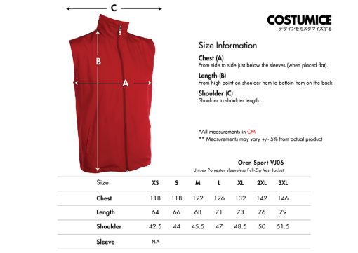 Oren Sport Vj06 Unisex Polyester Full-Zip Sleeveless Vest Jacket 2024 Size Information X Costumice Design