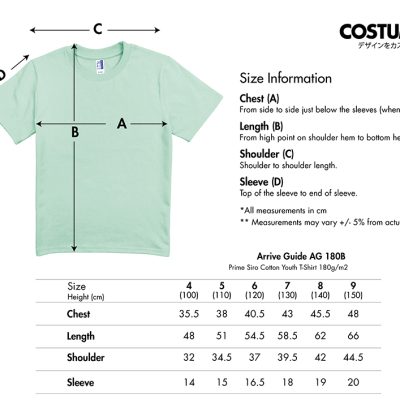 Arrive Guide Ag180B Prime Siro Cotton Youth T-Shirt 180Gsm 2025 Size Information X Costumice Design