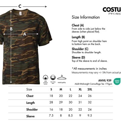 Anvil 939 Adult Midweight Camouflage Tee 170Gsm 2025 Size Information X Costumice Design Camouflage T Shirts
