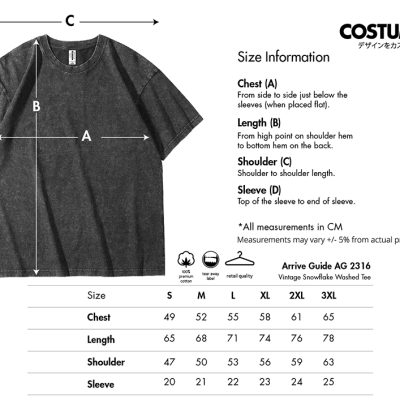 Arrive Guide Ag2316 Vintage Snowflake Washed Tee 205Gsm 2025 Size Information X Costumice Design