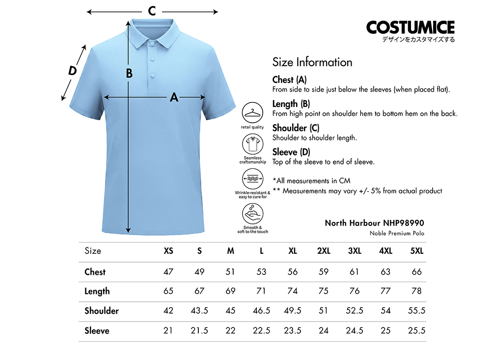 Noble Premium Polo (North Harbour Nhp98990) 10 North-Harbour-Nhp98990-Noble-Polo-2027-Size-Information-X-Costumice-Design