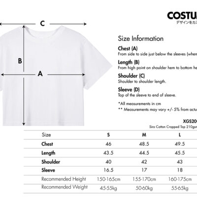 Siro Cotton Cropped Top 210gsm (XGS200) 18 XGS200 Siro Cotton Cropped Top 210gsm 2026 Size Information Costumice Design