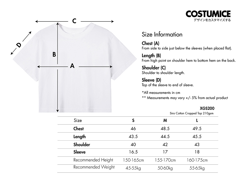 Siro Cotton Cropped Top 210gsm (XGS200) 10 XGS200 Siro Cotton Cropped Top 210gsm 2026 Size Information Costumice Design