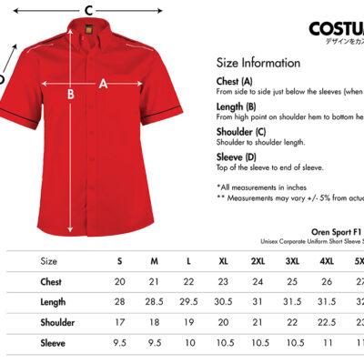 Unisex Corporate Uniform Short Sleeve Shirt (Oren Sport F1 46) 8 Oren Sport F1 46 Unisex Corporate Uniform Short Sleeve Shirt 2026 Size Information X Costumcie Design