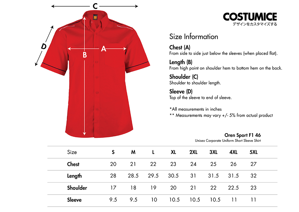 Unisex Corporate Uniform Short Sleeve Shirt (Oren Sport F1 46) 5 Oren Sport F1 46 Unisex Corporate Uniform Short Sleeve Shirt 2026 Size Information X Costumcie Design