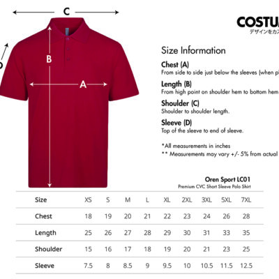 Premium Cvc Short Sleeve Polo Shirt (Oren Sport Lc01) 7 Oren Sport Lc01 Premium Cvc Short Sleeve Polo Shirt Size Information X Costumice Design