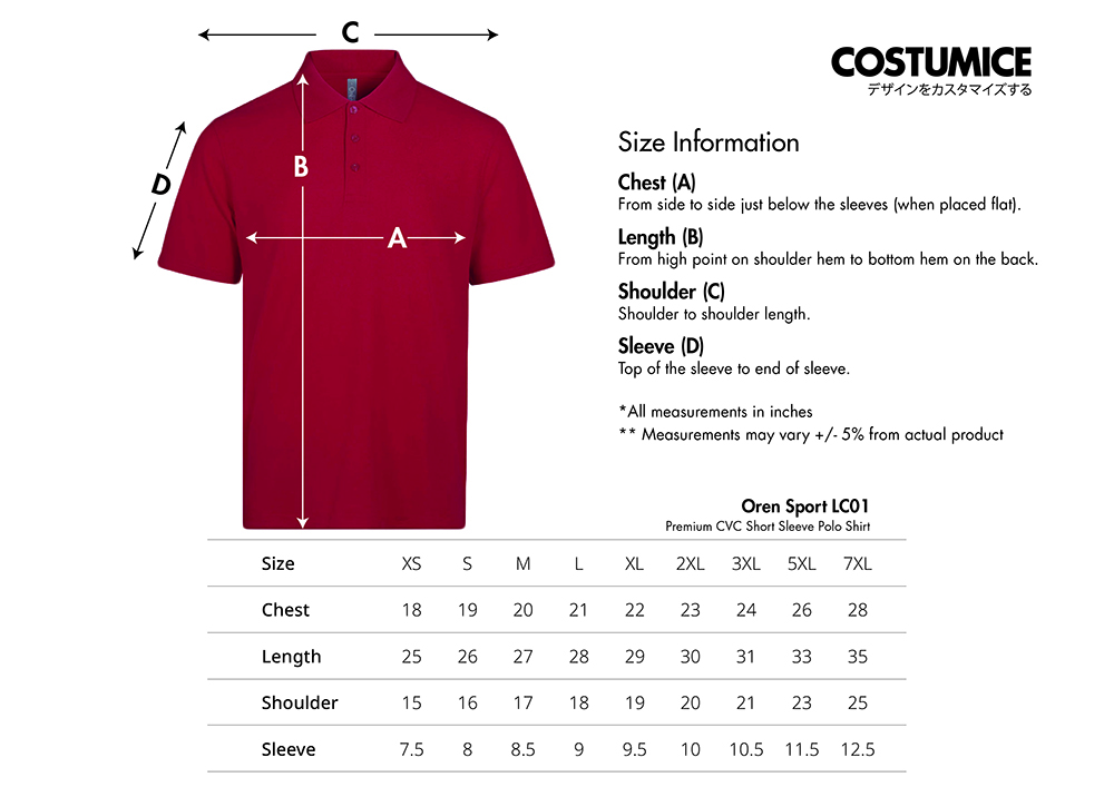Premium Cvc Short Sleeve Polo Shirt (Oren Sport Lc01) 4 Oren Sport Lc01 Premium Cvc Short Sleeve Polo Shirt Size Information X Costumice Design