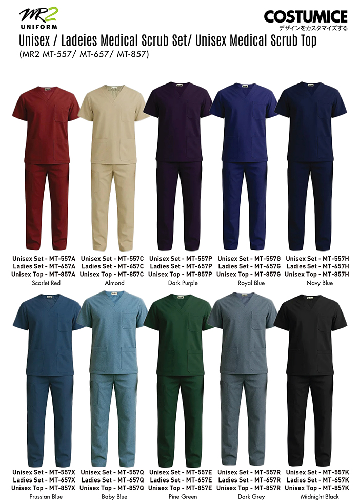 Unisex /Ladies Medical Scrub Set And Unisex Medical Scrub Top (Mr2 Mt-557/ Mt-657/ Mt-857) 5 Mr2 Mt-557 Mr-657 Mt-857 Unisex Ladies Medical Scrub Set Unisex Medical Scrub Top 2026 Color Options X Costumice Design
